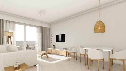 Ett ljust vardagsrum med en soffa, matbord och TV. (AI-genererad text)