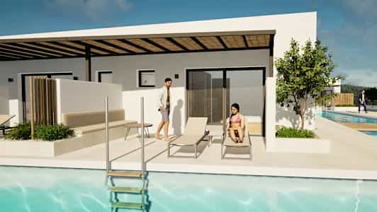 En modern semestervilla med direkt tillgång till egen privat pool. (AI-genererad text)