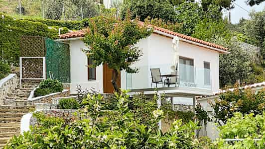 Vitt hus med balkong, omgiven av trädgård och grönska. (AI-genererad text)