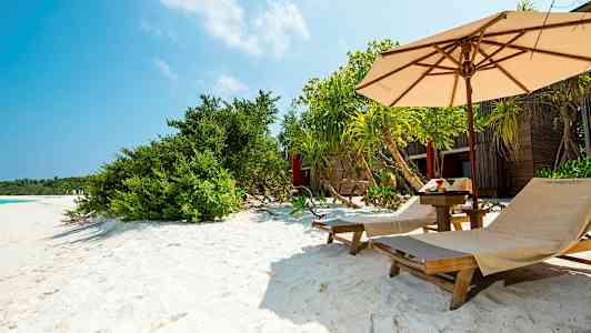 Solstolar på en sandstrand med parasoll och grönska. (AI-genererad text)