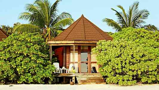 En strandnära hydda omgiven av grönskande vegetation med palmer. (AI-genererad text)