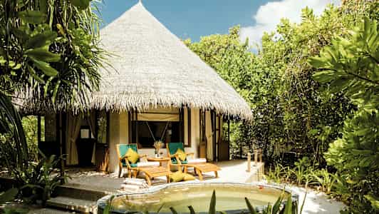 Bild på en bungalow med stråtak, omgiven av frodig grönska och med en liten pool i förgrunden. (AI-genererad text)