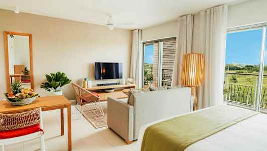 Modernt inredd lägenhet med vardagsrum, matplats, TV och utsikt över grönska. (AI-genererad text)