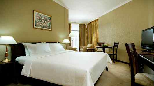 En hotellrum med en stor bäddad säng, lampor, matbord och en TV. (AI-genererad text)