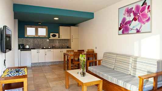 En öppen planlösning med kök och vardagsrum, möblerad med träbord och soffa. (AI-genererad text)