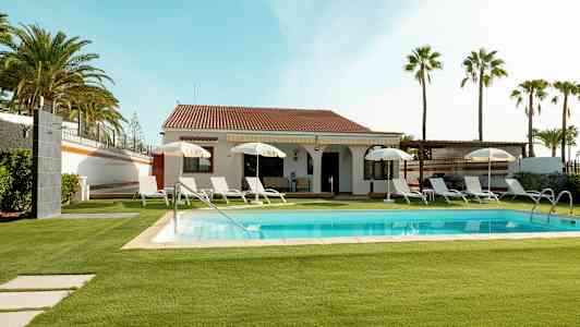 Villa med pool och solstolar, omgiven av gräsmatta och palmer. (AI-genererad text)