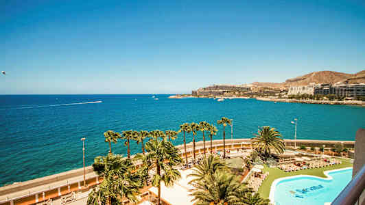 Utsikt över en pool och palmer med havet och byggnader i bakgrunden. (AI-genererad text)