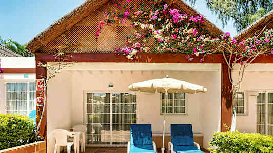 En terrass vid en bungalow med blommor på taket. (AI-genererad text)