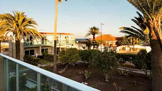 Exteriör vy med palmer och bostadshus i bakgrunden, fotograferat från en balkong. (AI-genererad text)
