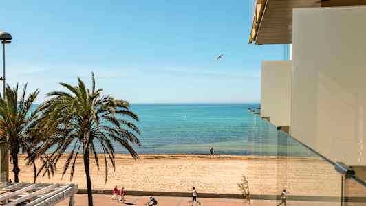Vy från en byggnad mot en strand, med palmer, gångväg och cyklister, samt havet i bakgrunden. (AI-genererad text)