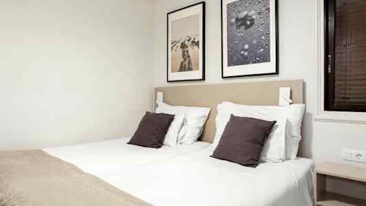 Ett sovrum med två enkelsängar, vita lakan, mörka kuddar och två inramade bilder på väggen. (AI-genererad text)