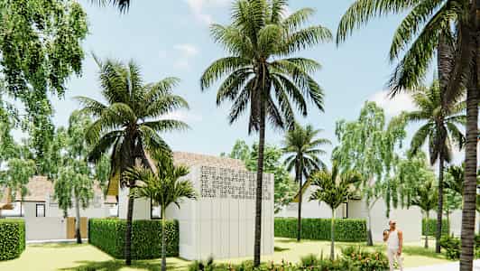 Tropisk trädgård med palmer och buskar, omgiven av byggnader med vita fasader. (AI-genererad text)