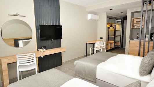 Ett hotellrum med två sängar, en TV, en skrivbord och ett mindre kök. (AI-genererad text)