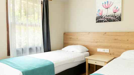 Bild av ett rum med två enkelsängar, ett nattduksbord och en tavla på väggen. (AI-genererad text)