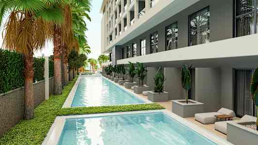 En swimmingpool omgiven av grönska och en modern byggnad. (AI-genererad text)