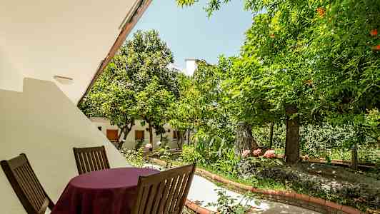 En terrass med bord och stolar omgiven av grönska. (AI-genererad text)