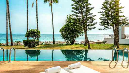 Strandnära pool med solstolar och omgivande palmer. (AI-genererad text)