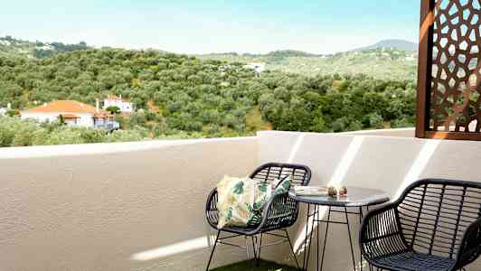 En balkong med utsikt över ett grönt landskap och hus med röda tak. (AI-genererad text)