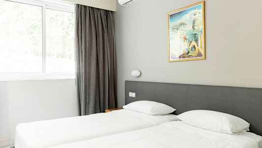 Ett rum med två enkelsängar, en tavla och ett fönster med gardiner. (AI-genererad text)