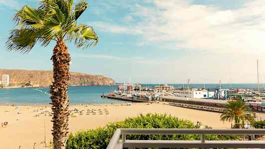 En strand med solstolar och parasoller, en hamn med båtar och en palm i förgrunden. (AI-genererad text)