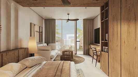 Ett modernt hotellrum med trädetaljer, säng, sittgrupp och balkong. (AI-genererad text)