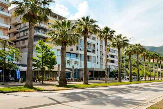 Flerfamiljshus med palmer och grönska längs en bred väg. (AI-genererad text)