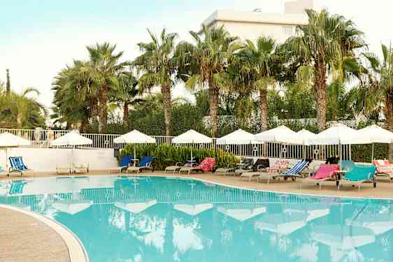 Utomhuspool med solstolar och parasoller omgivna av palmer. (AI-genererad text)