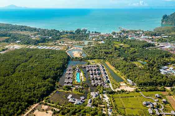Flygbild över ett resortområde omgiven av vegetation, med en swimmingpool i centrum och havet i bakgrunden. (AI-genererad text)