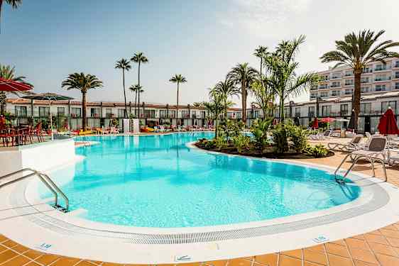 Utomhuspool omgiven av solstolar och palmer vid ett hotell. (AI-genererad text)