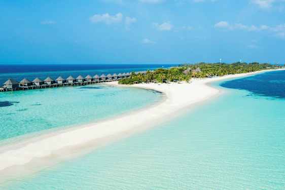 En tropisk strand med klarblått vatten, sand och palmer samt vattenbungalower på pelare. (AI-genererad text)