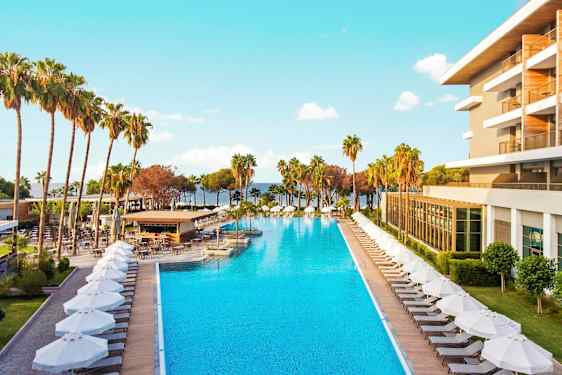 Ett hotell med pool och solstolar omgiven av palmträd. (AI-genererad text)