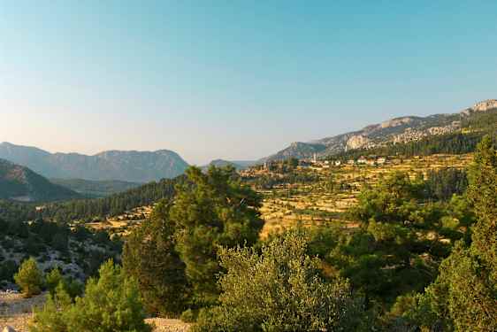 En landskapsvy med berg och träd i förgrunden. (AI-genererad text)