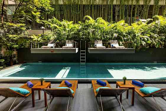 En pool med solstolar och bord framför, omgiven av grönska och palmer. (AI-genererad text)