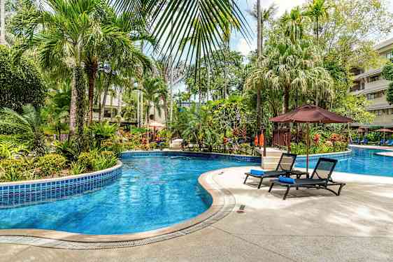 Bild av en utomhuspool omgiven av tropiska växter och solstolar. (AI-genererad text)