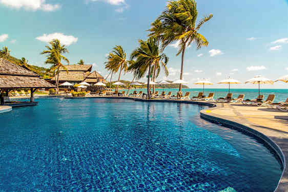 Bild av en utomhuspool omgiven av solstolar och palmträd, med havet i bakgrunden. (AI-genererad text)