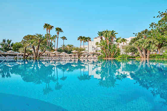 Utomhuspool omgiven av solstolar och palmer. (AI-genererad text)