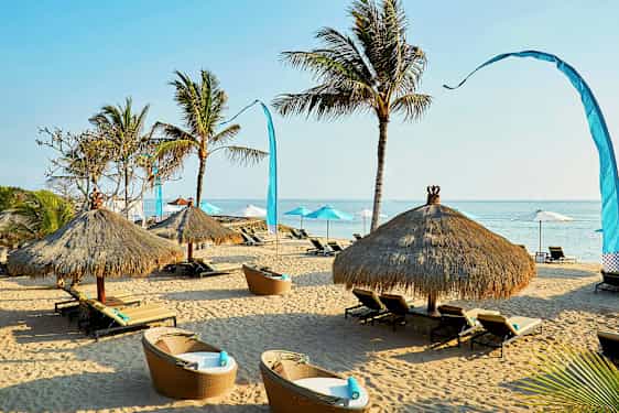 En sandstrand med solstolar och halmtakparasol omgiven av några palmer. (AI-genererad text)