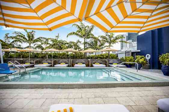 Ett poolområde med solstolar, parasoller och palmer i bakgrunden. (AI-genererad text)