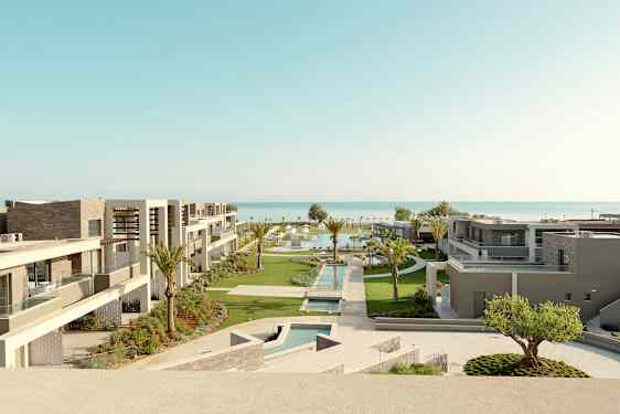 Hotellets moderna byggnader med poolområden och trädgårdar nära havet. (AI-genererad text)