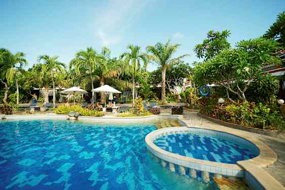 Bild av en utomhuspool omgiven av tropiska palmer och växter. (AI-genererad text)