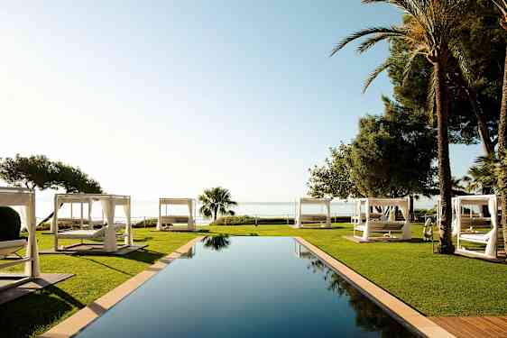 En infinitypool omgiven av gräsmatta och vita solbäddar med havsutsikt. (AI-genererad text)