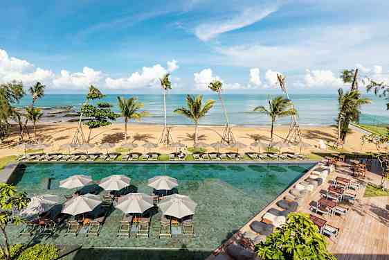 En strand med palmer i bakgrunden och en pool med solstolar och parasoller i förgrunden. (AI-genererad text)