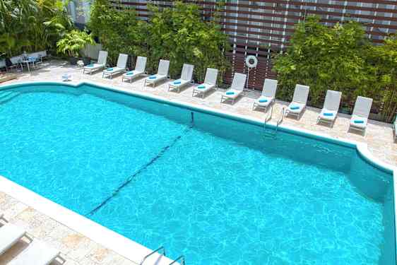 En pool omgiven av solsängar och grönska. (AI-genererad text)