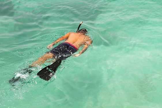 En person snorklar i klart turkost vatten. (AI-genererad text)