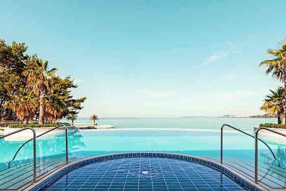 Pool med havsutsikt och omgivande palmer. (AI-genererad text)