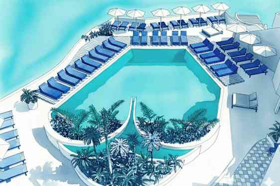 En utomhuspool omgiven av solstolar och parasoller samt gröna växter. (AI-genererad text)