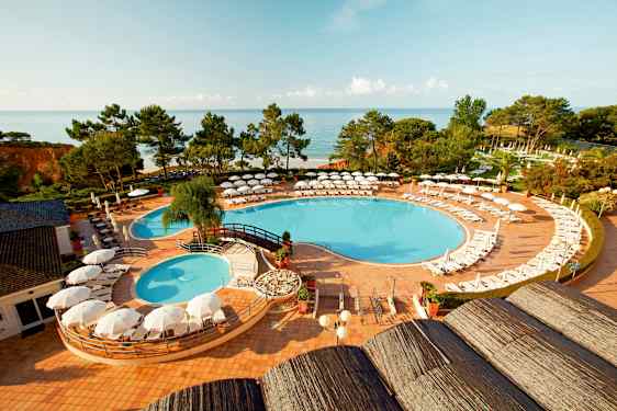 Utsikt över en pool med solstolar och parasoller, omgiven av grönska och med havet i bakgrunden. (AI-genererad text)