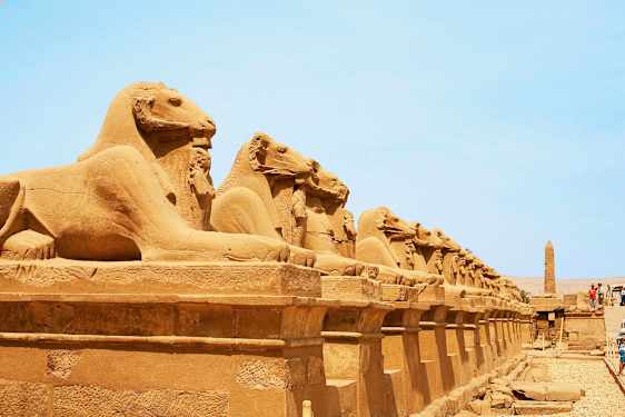 Rad av antika sfinxstatyer i en historisk miljö. (AI-genererad text)