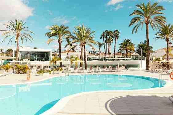 Poolområde med palmer, solstolar och modern byggnad i bakgrunden. (AI-genererad text)