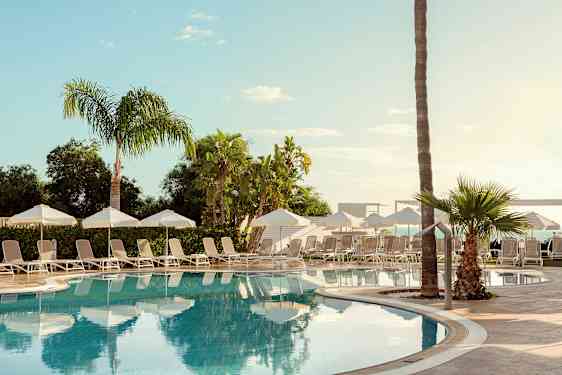 En utomhuspool omgiven av solstolar, parasoller och palmer. (AI-genererad text)